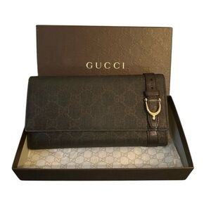 Authentic GUCCI GG Supreme 2000s Brown Coated Canvas Long Wallet W/ Box & Cards